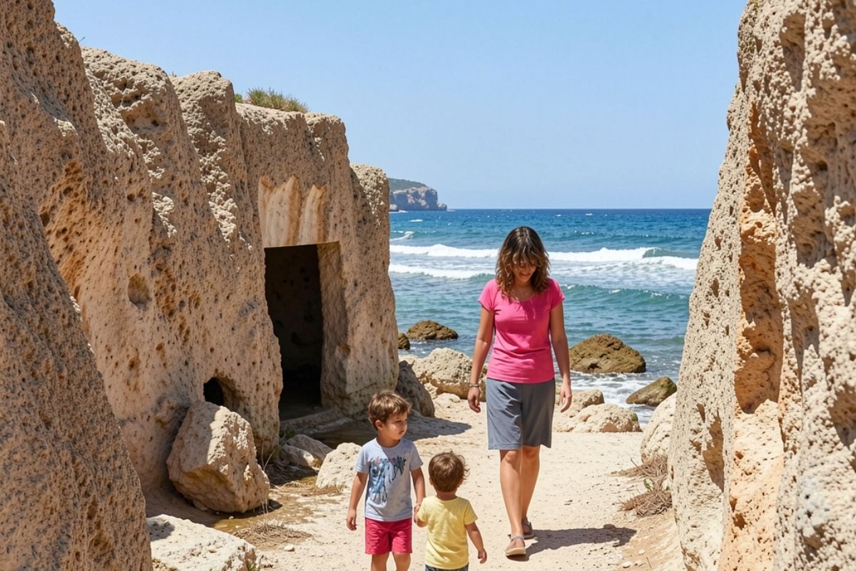 Famiglia con bambini che cammina lungo un sentiero costiero tra le cave di tufo a Favignana, cielo sereno