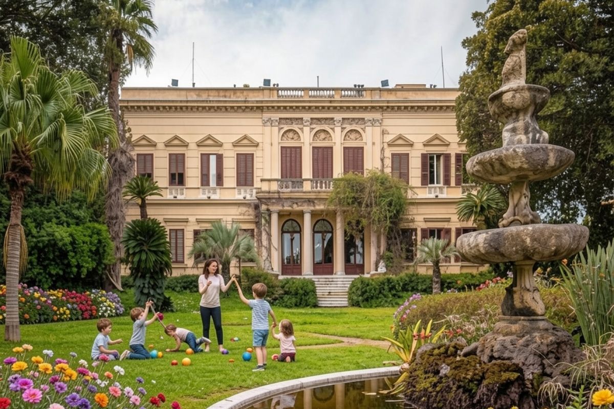 Scorcio dei giardini di Palazzo Florio con famiglie, bambini che giocano e fiori colorati, Favignana in estate